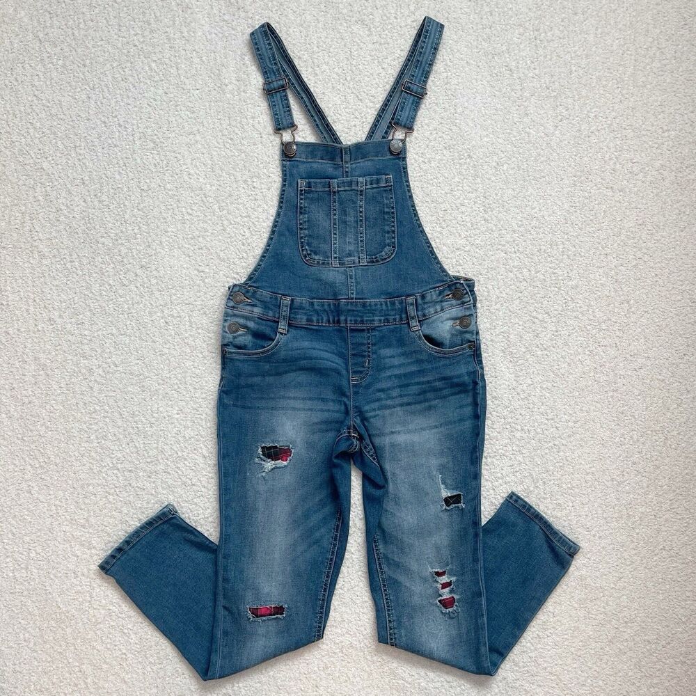 Justice Denim Overalls Size 12 Long Pants Jeans Red Plaid Holes Rips Girls Kids